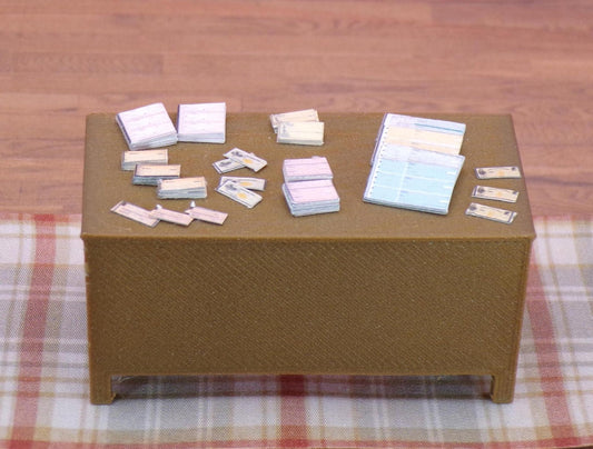 1:24 Scale 70+ Office Documents - Checks / Desk and Office Clutter / Copy Paper Box with Paper. Scale Letter, Legal, and A4 size documents. - MstrcrftMinis - 1018