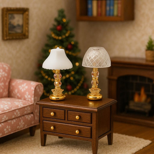 1:24 Scale - "Crystal Étoile" - Crystal & Gold Table Lamp with Ivory or Cut - Glass Shade – Artisan Lamps - Handcrafted Charm in Every Detail - MstrcrftMinis - 1189 - R