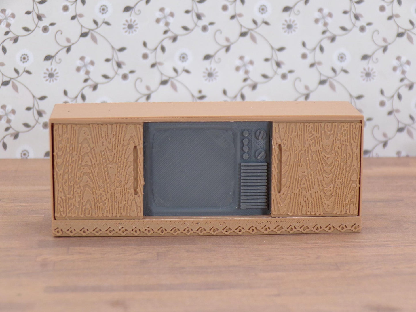 1:24 Scale Miniature 1960s Console TV | Retro Living Room Furniture | Vintage Television Prop for Mid - Century Diorama | 1/25 Scale | G Scale | Illuminated Screen - MstrcrftMinis - 1254