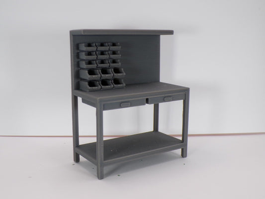 1:24 Scale Miniature Garage Mechanic’s Open Shelf Worktable with Parts Bin | Dollhouse Workshop Table | Scale Model Garage Workbench - MstrcrftMinis - 1229
