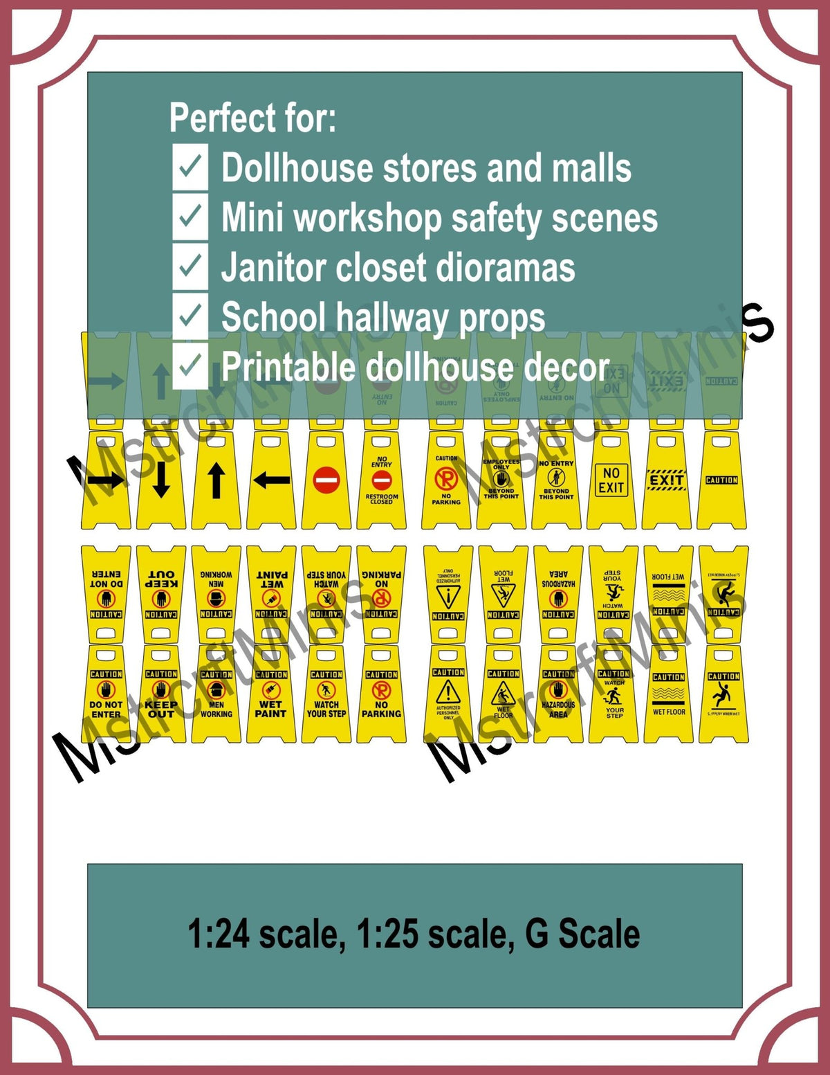 1:24 Scale Miniature Printable "Wet Floor" Caution Signs (24) | Janitor or Store Diorama Prop | Tiny Safety Sign Workshop & Retail Dioramas - MstrcrftMinis - 1248