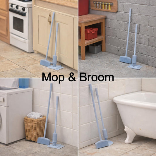 1:24 Scale Mop and Broom Set – Cleaning Tools for Dollhouse Utility Room, or Garage - MstrcrftMinis - 1330