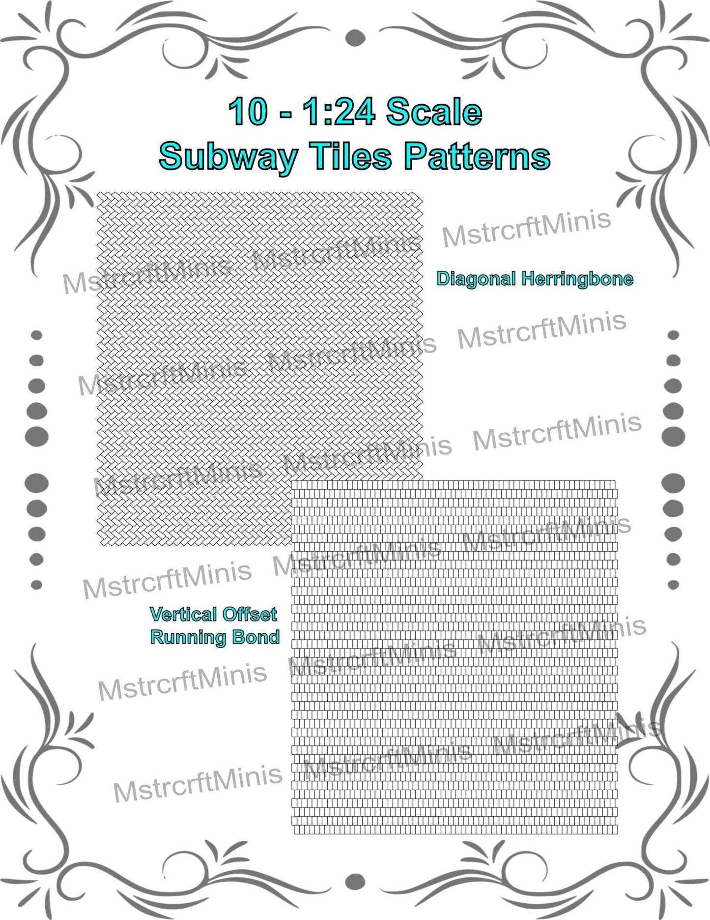 1:24 Scale Subway Wall or Floor Tile Printable - 10 Different Patterns - 8.5 x 11 Seamless Patterns - MstrcrftMinis - 1180