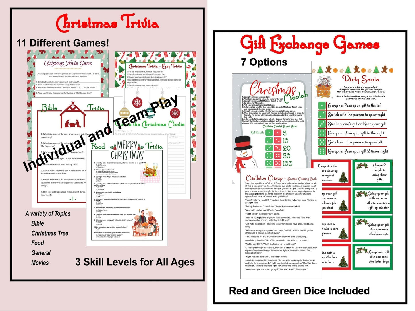 54+ Christmas Games - From Family to Adult - 5 Different Gift Exchange Games - Mistletoe Moolah Game - Mature Games Also - MstrcrftMinis -