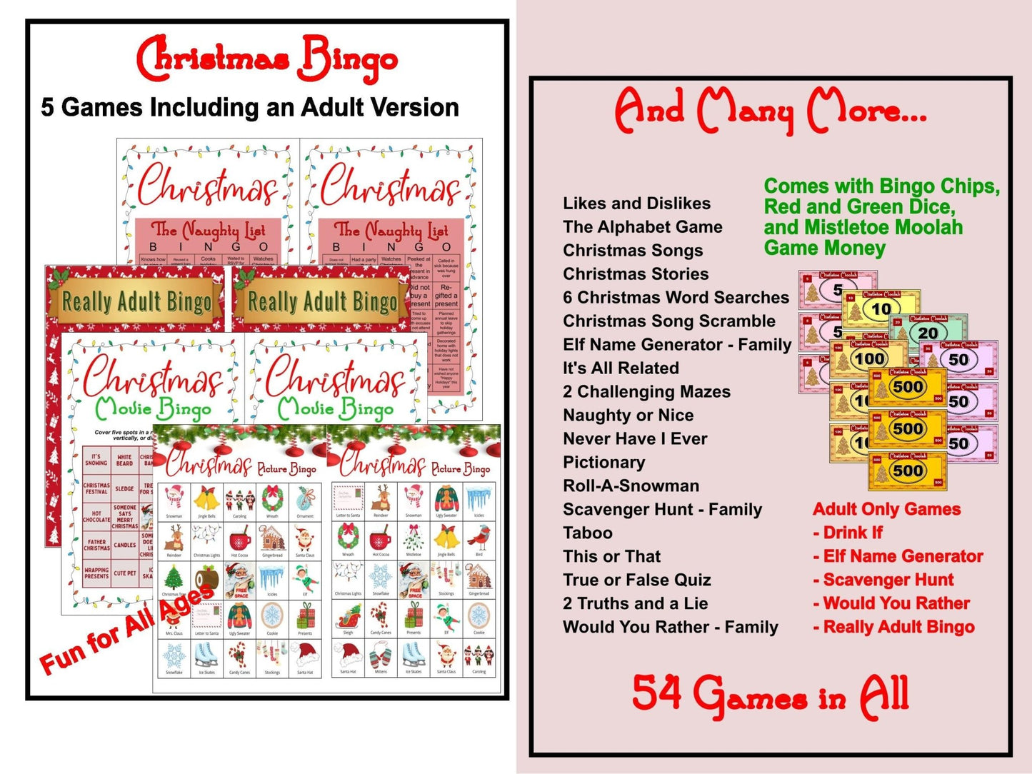 54+ Christmas Games - From Family to Adult - 5 Different Gift Exchange Games - Mistletoe Moolah Game - Mature Games Also - MstrcrftMinis -