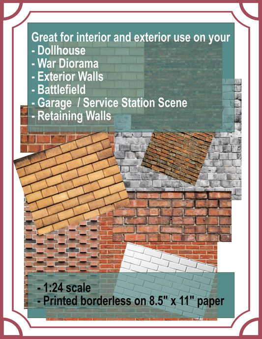 1:24 Scale Vinyl Peel-and Stick Brick Patterns - 10 Different Patterns - 8.5 x 11 Patterns