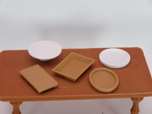 1:24 Scale Miniature Serving Trays (Set of 5) | Dollhouse Kitchen Accessories | 2 China and 3 Wooden Trays