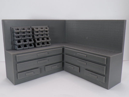 1:24 Scale Miniature Garage Mechanic’s Corner Worktable with Drawers | Dollhouse Workshop Corner Table | Scale Model Garage Bench