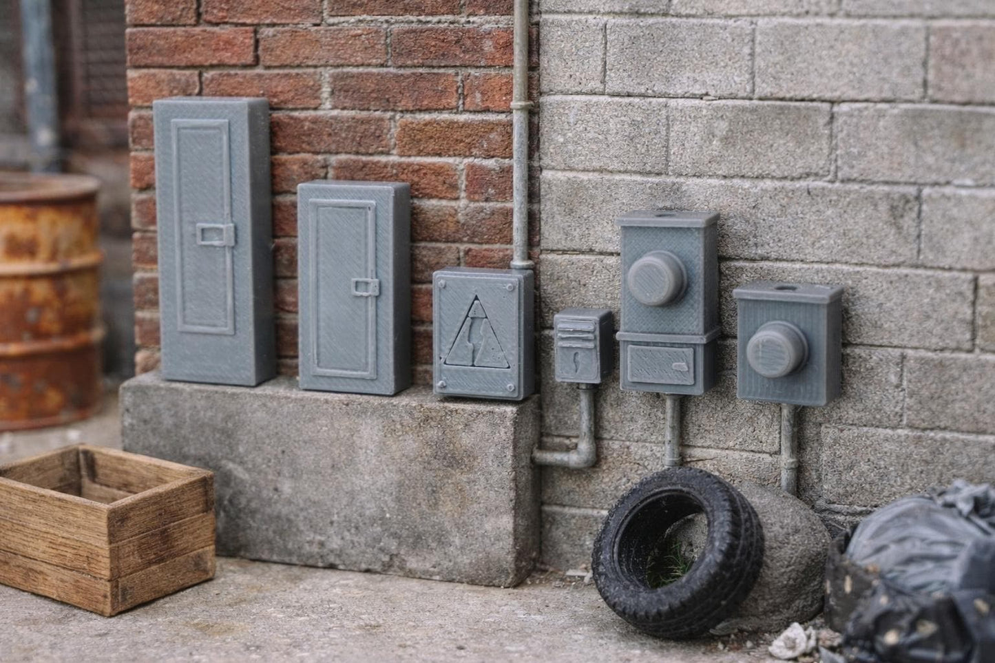 1:24 Scale Electrical Boxes, Meters, and Conduit Set – Miniature Utility Diorama Accessories - MstrcrftMinis - 1323
