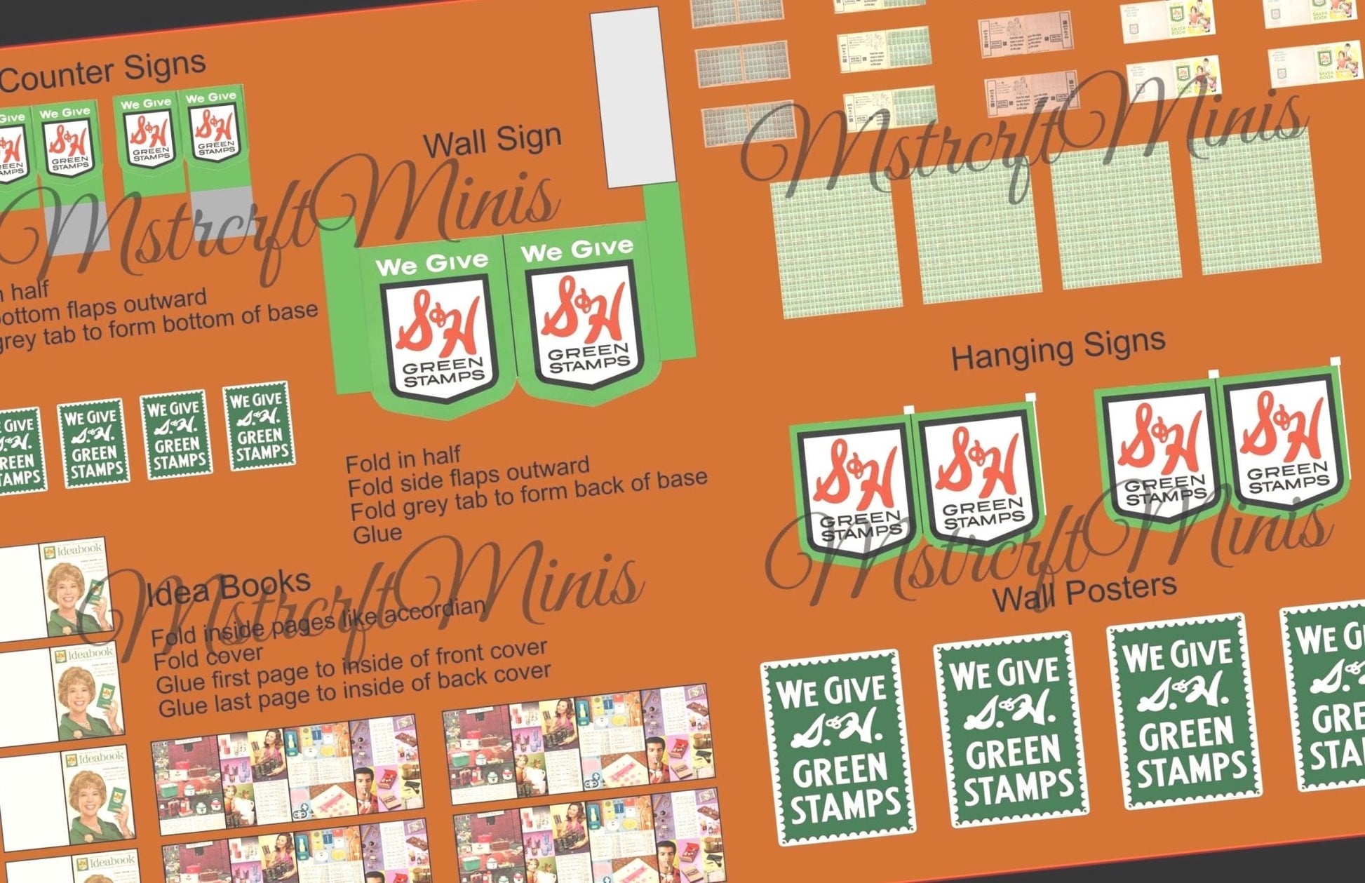 1:24 Scale Green Stamp Signs & Booklets – Vintage Grocery Ephemera Miniature Set - MstrcrftMinis - 1344
