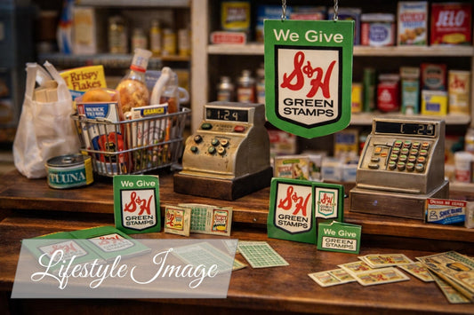 1:24 Scale Green Stamp Signs & Booklets – Vintage Grocery Ephemera Miniature Set - MstrcrftMinis - 1344