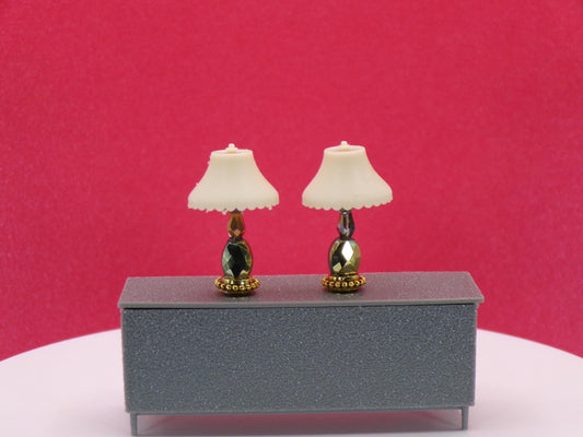 1:24 Scale - "Midnight Elegance" – Artisan Lamp Pair – Gold & Faceted Base Lamps with Scalloped Shades - Handcrafted Charm in Every Detail - MstrcrftMinis - 1189 - P