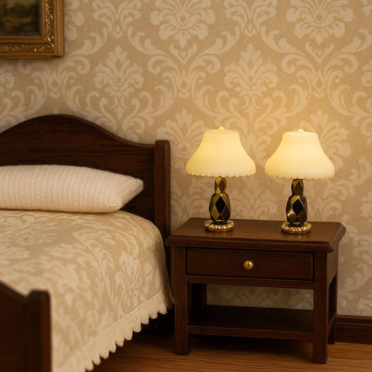1:24 Scale - "Midnight Elegance" – Artisan Lamp Pair – Gold & Faceted Base Lamps with Scalloped Shades - Handcrafted Charm in Every Detail - MstrcrftMinis - 1189 - P