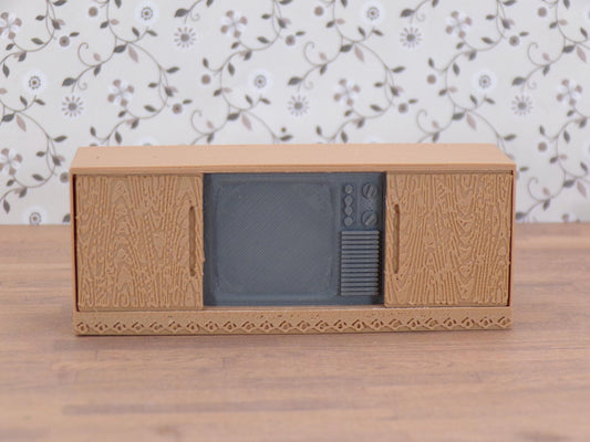 1:24 Scale Miniature 1960s Console TV | Retro Living Room Furniture | Vintage Television Prop for Mid - Century Diorama | 1/25 Scale | G Scale | Illuminated Screen - MstrcrftMinis - 1254