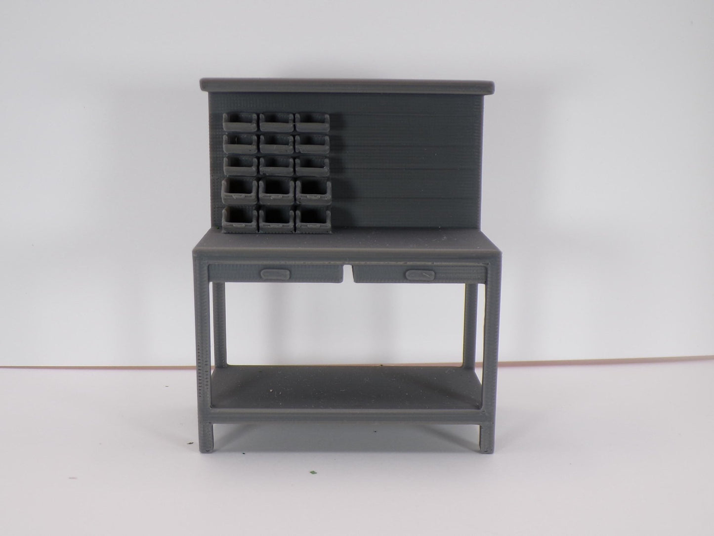 1:24 Scale Miniature Garage Mechanic’s Open Shelf Worktable with Parts Bin | Dollhouse Workshop Table | Scale Model Garage Workbench - MstrcrftMinis - 1229