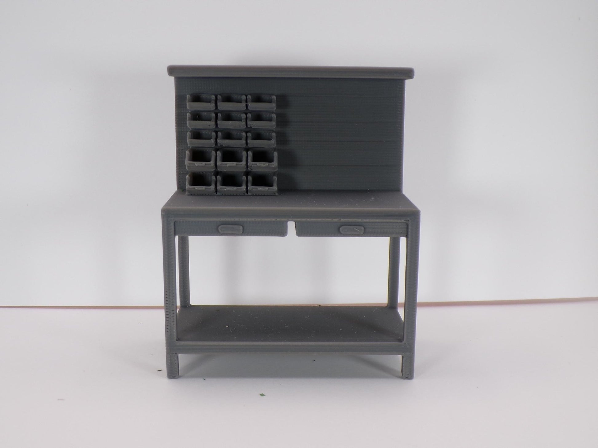 1:24 Scale Miniature Garage Mechanic’s Open Shelf Worktable with Parts Bin | Dollhouse Workshop Table | Scale Model Garage Workbench - MstrcrftMinis - 1229