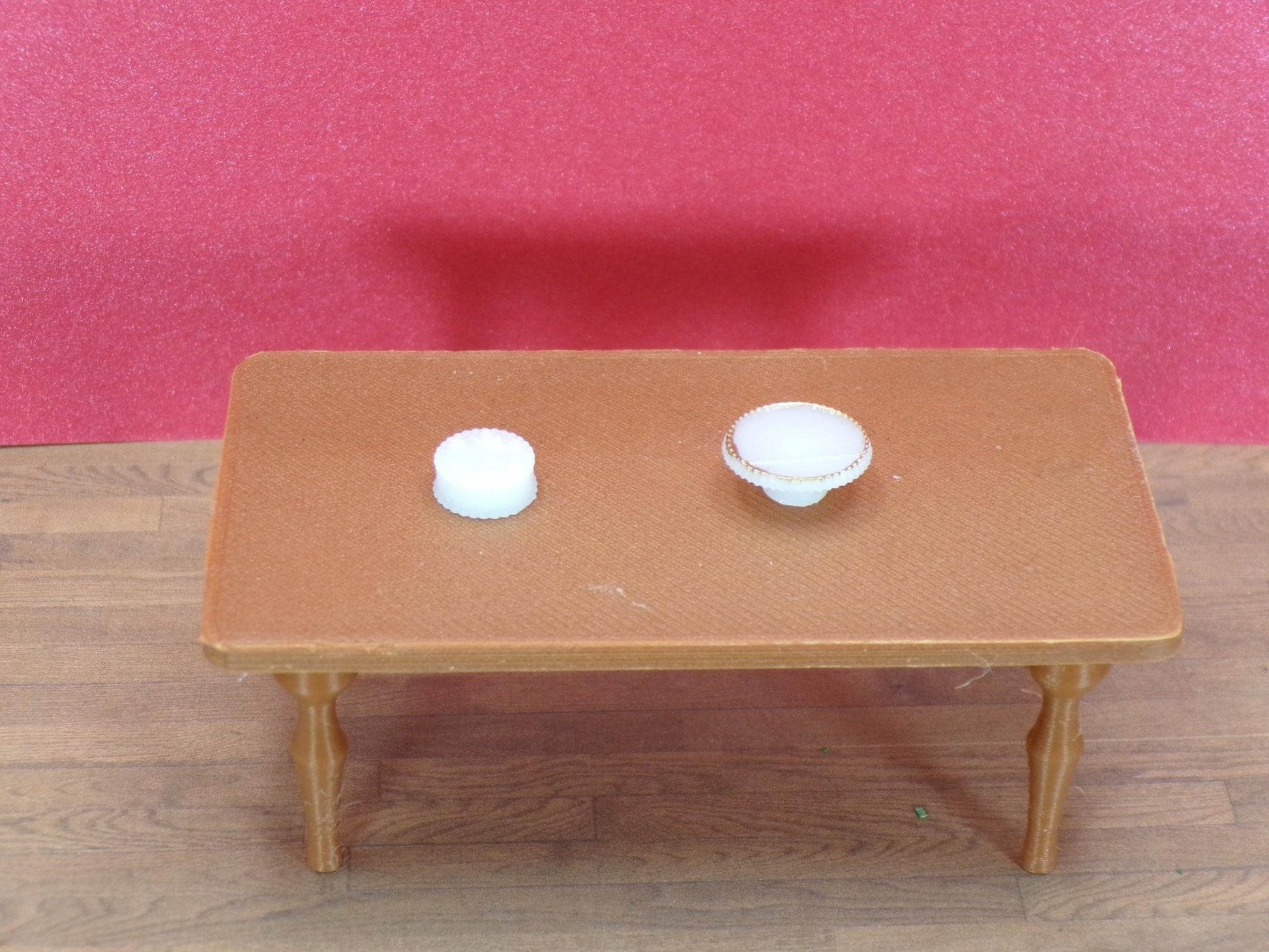 1:24 Scale Miniature Layer Cake with Gold - Rimmed Cake Stand | Dollhouse Bakery Dessert | Tiny Cake & Stand for Kitchen and Tea Party Scenes - MstrcrftMinis - 1231