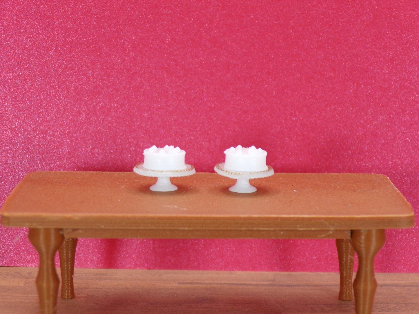 1:24 Scale Miniature Layer Cake with Gold - Rimmed Cake Stand | Dollhouse Bakery Dessert | Tiny Cake & Stand for Kitchen and Tea Party Scenes - MstrcrftMinis - 1231
