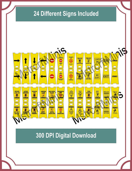 1:24 Scale Miniature Printable "Wet Floor" Caution Signs (24) | Janitor or Store Diorama Prop | Tiny Safety Sign Workshop & Retail Dioramas - MstrcrftMinis - 1248