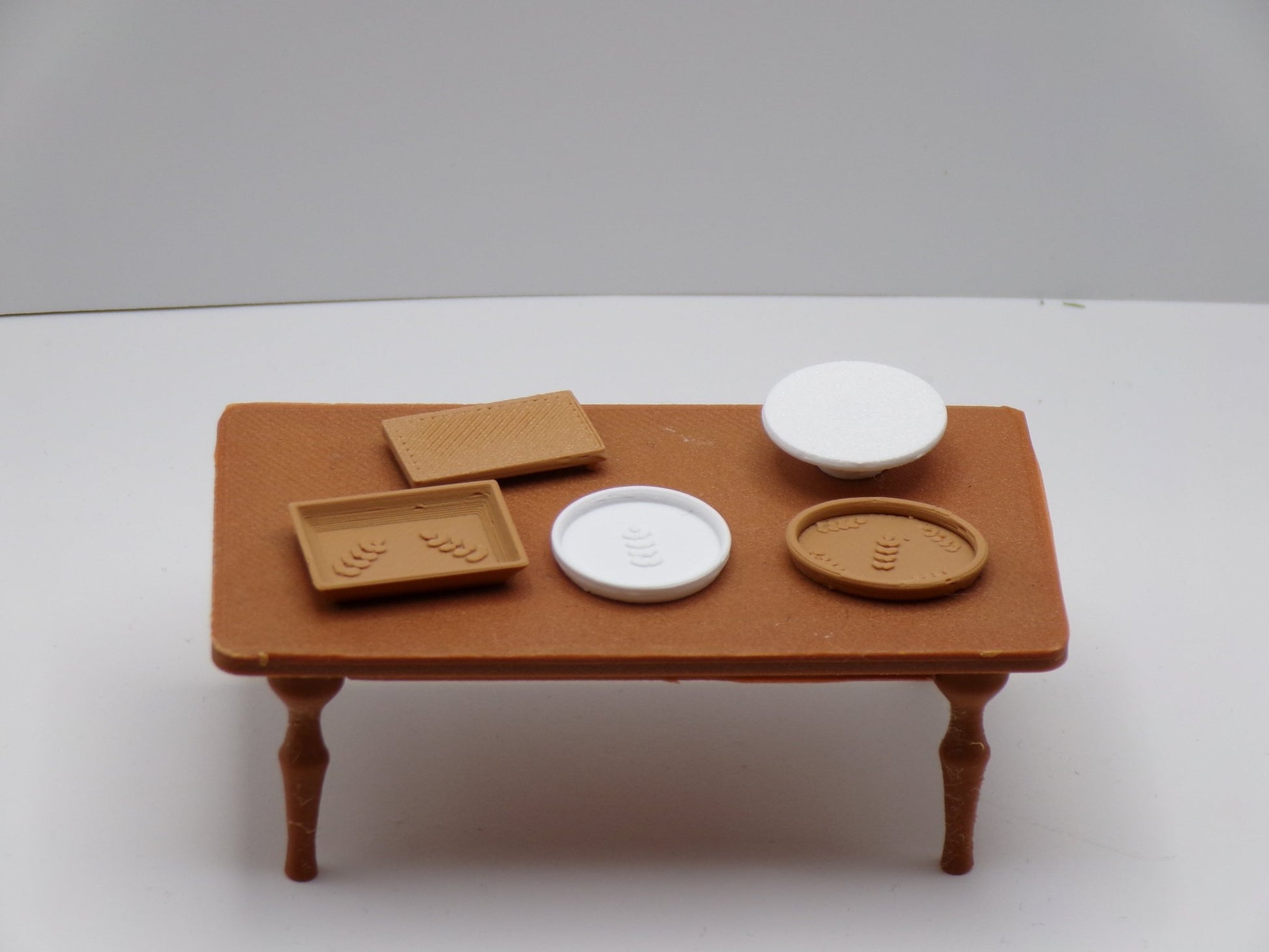 1:24 Scale Miniature Serving Trays (Set of 5) | Dollhouse Kitchen Accessories | 2 China and 3 Wooden Trays - MstrcrftMinis - 1225