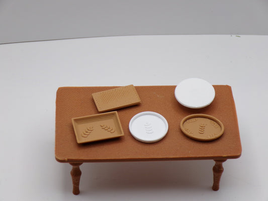 1:24 Scale Miniature Serving Trays (Set of 5) | Dollhouse Kitchen Accessories | 2 China and 3 Wooden Trays - MstrcrftMinis - 1225