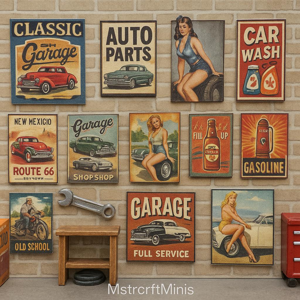 1:24 Scale Miniature Vintage Garage Wall Art & Pinup Collection | 1/25 Scale | G Scale - MstrcrftMinis - 1217