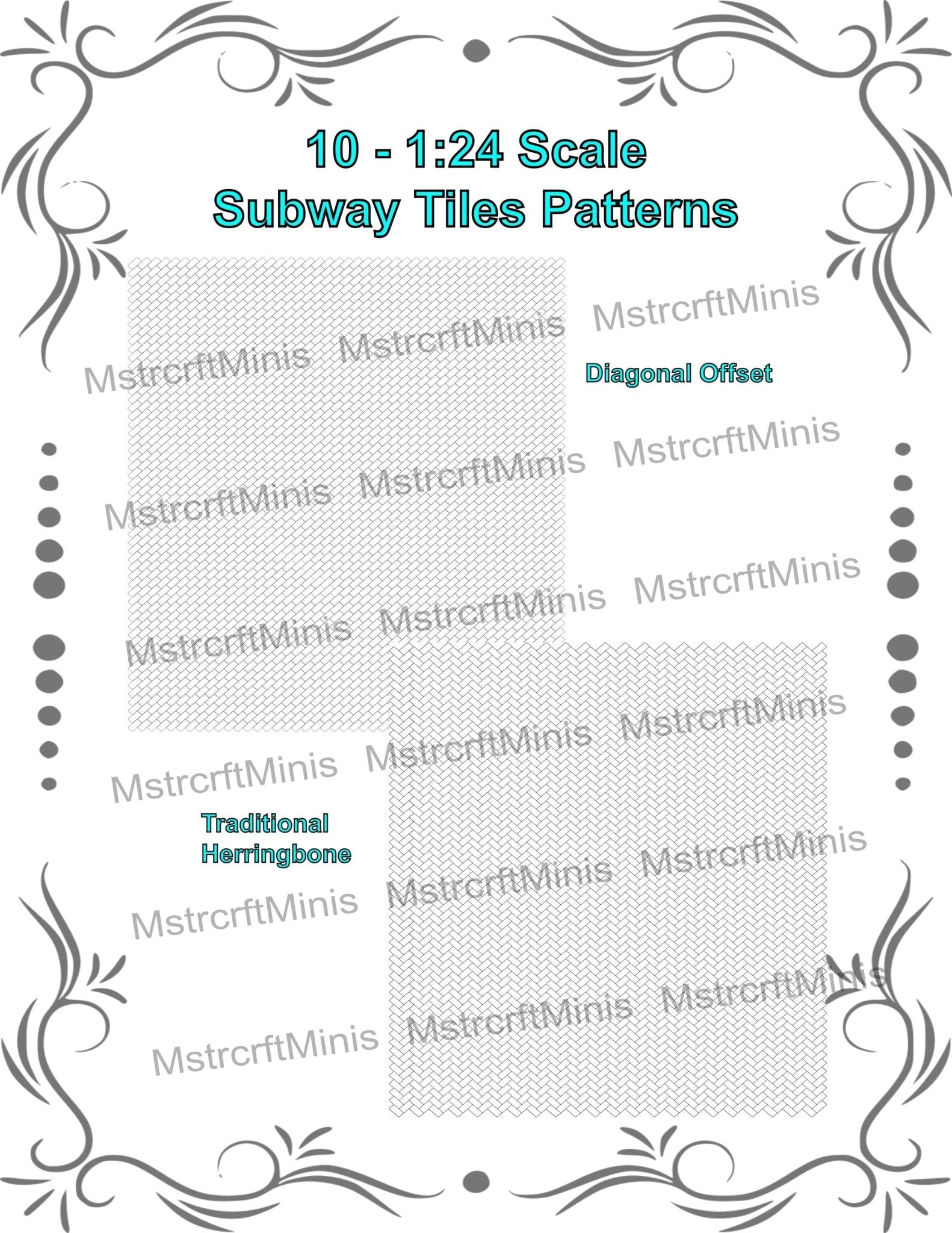 1:24 Scale Subway Wall or Floor Tile Printable - 10 Different Patterns - 8.5 x 11 Seamless Patterns - MstrcrftMinis - 1180