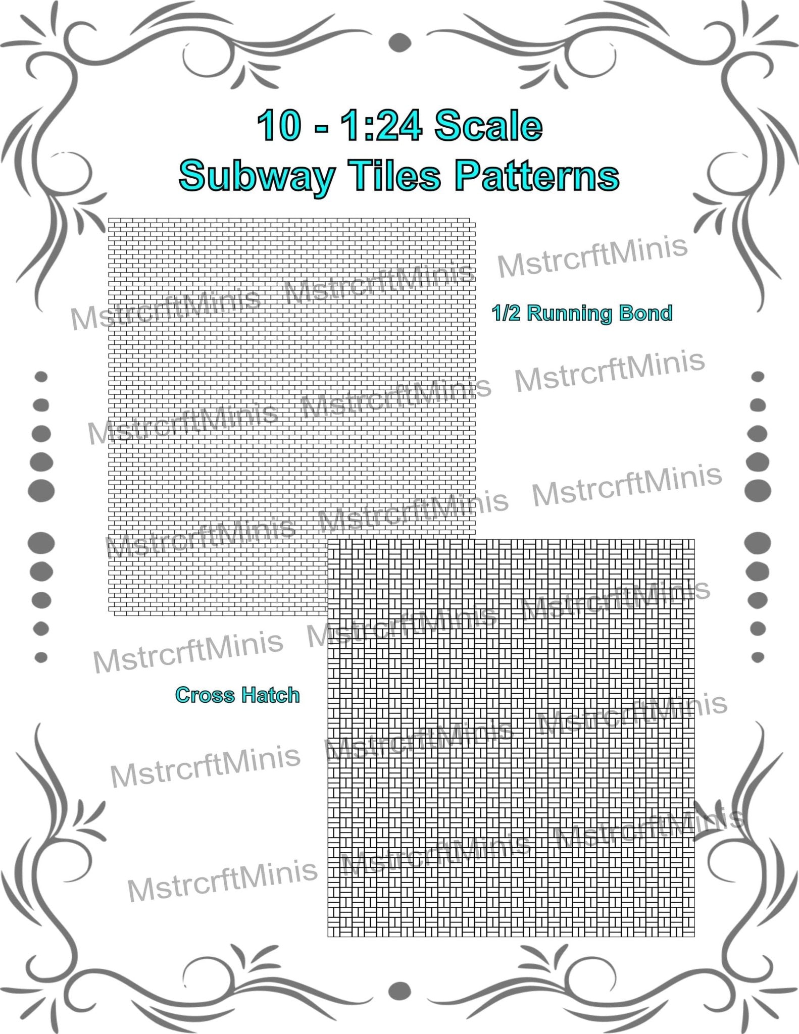 1:24 Scale Subway Wall or Floor Tile Printable - 10 Different Patterns - 8.5 x 11 Seamless Patterns - MstrcrftMinis - 1180