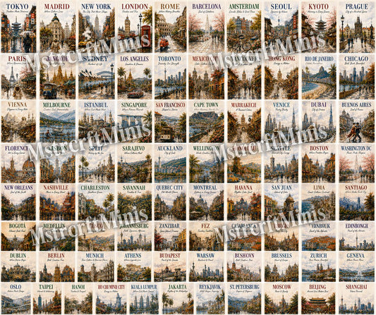 1:24 Scale Travel Posters | Set of 88 Miniature Watercolor City Prints – Dollhouse Art – Printable Miniatures - MstrcrftMinis - 1377