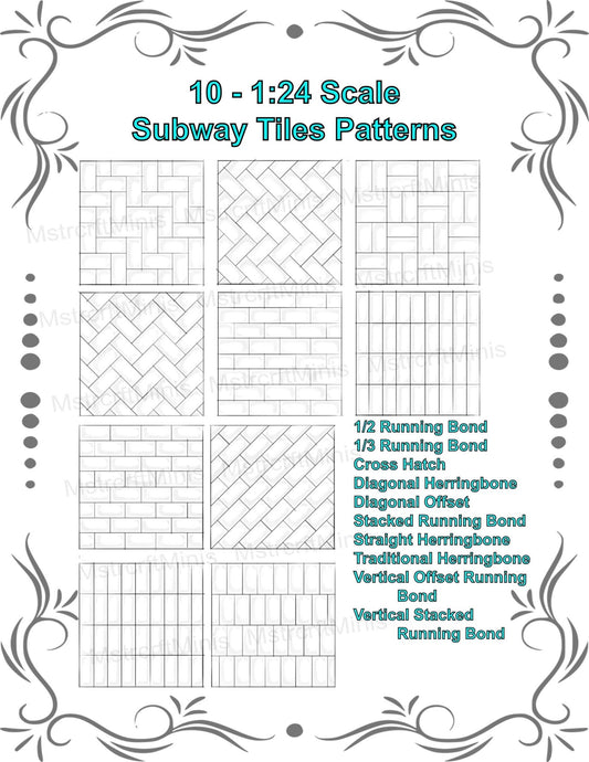 1:24 Scale Vinyl Peel - and Stick Subway Tile Patterns - 10 Different Patterns - 8.5 x 11 Patterns - MstrcrftMinis - 1180 - Vinyl