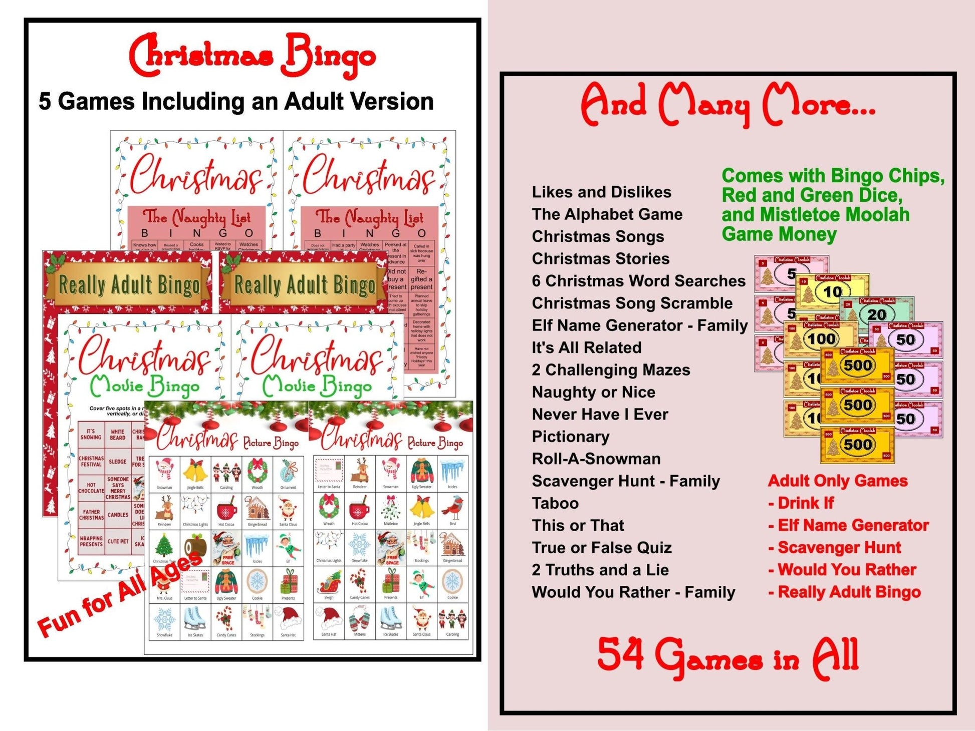 54+ Christmas Games - From Family to Adult - 5 Different Gift Exchange Games - Mistletoe Moolah Game - Mature Games Also - MstrcrftMinis - 