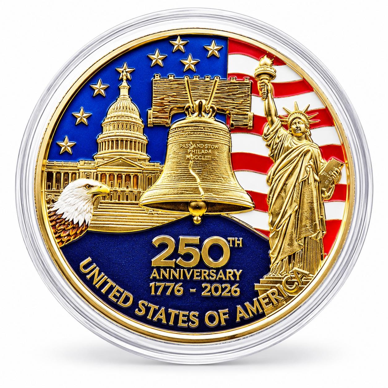 America's 250th Anniversary Collectible Coin – 44mm Commemorative Challenge Coin - Gold - MstrcrftMinis - 1376-D