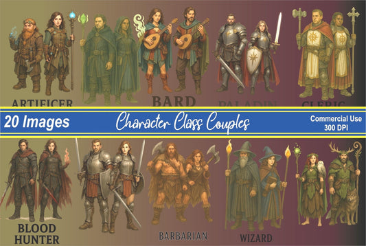 Character Classes Couples – Fantasy 20+ Clipart Files , 300 DPI, Transparent Background, Commercial Use - MstrcrftMinis - 1262