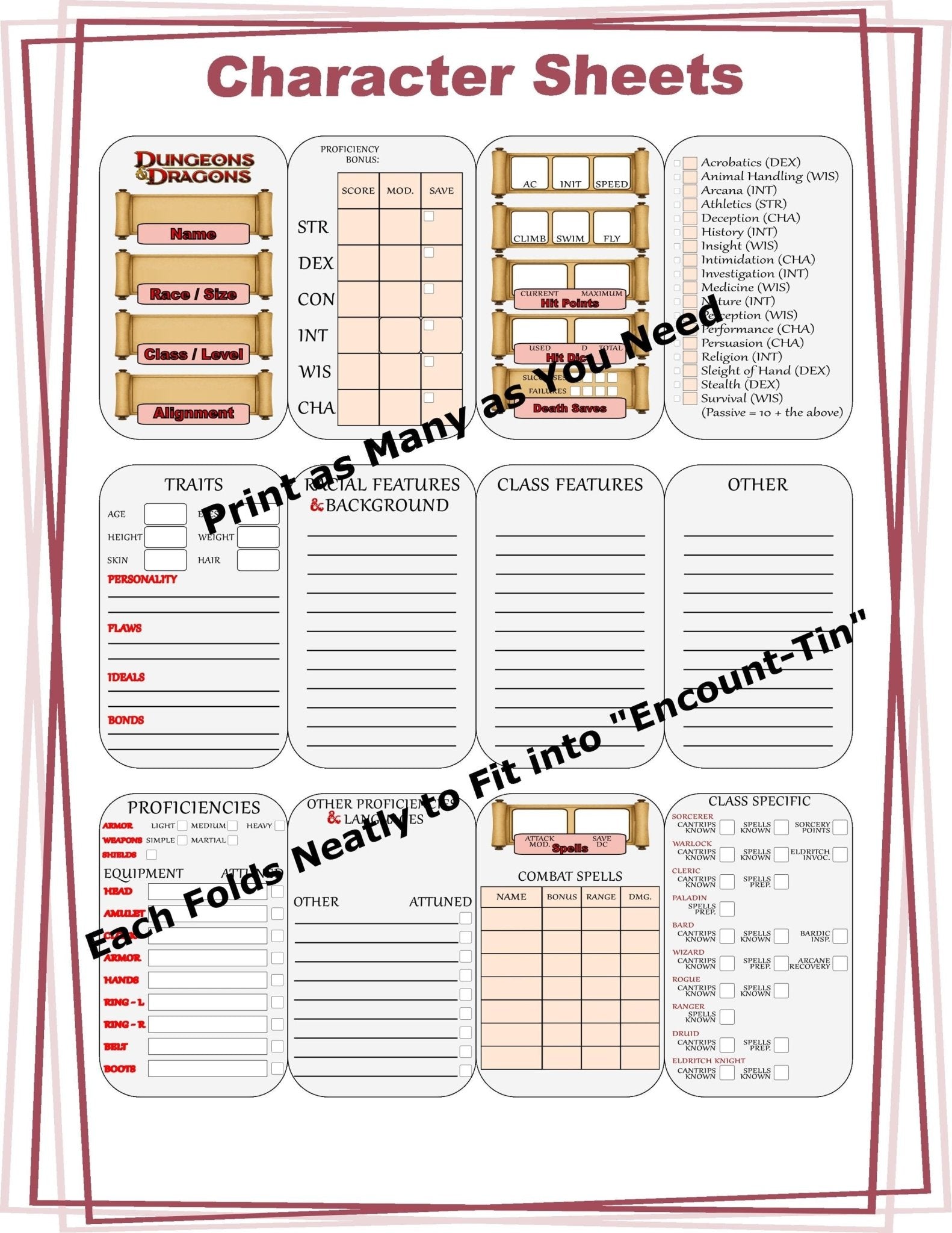 Dungeons and Dragons Character Sheets - Designed to Fit in our "Encount - Tin" Altoids - Style Case - “Pack the adventure in your pocket.” - MstrcrftMinis - 1215 - C
