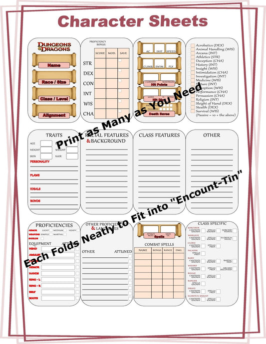 Dungeons and Dragons Character Sheets - Designed to Fit in our "Encount - Tin" Altoids - Style Case - “Pack the adventure in your pocket.” - MstrcrftMinis - 1215 - C