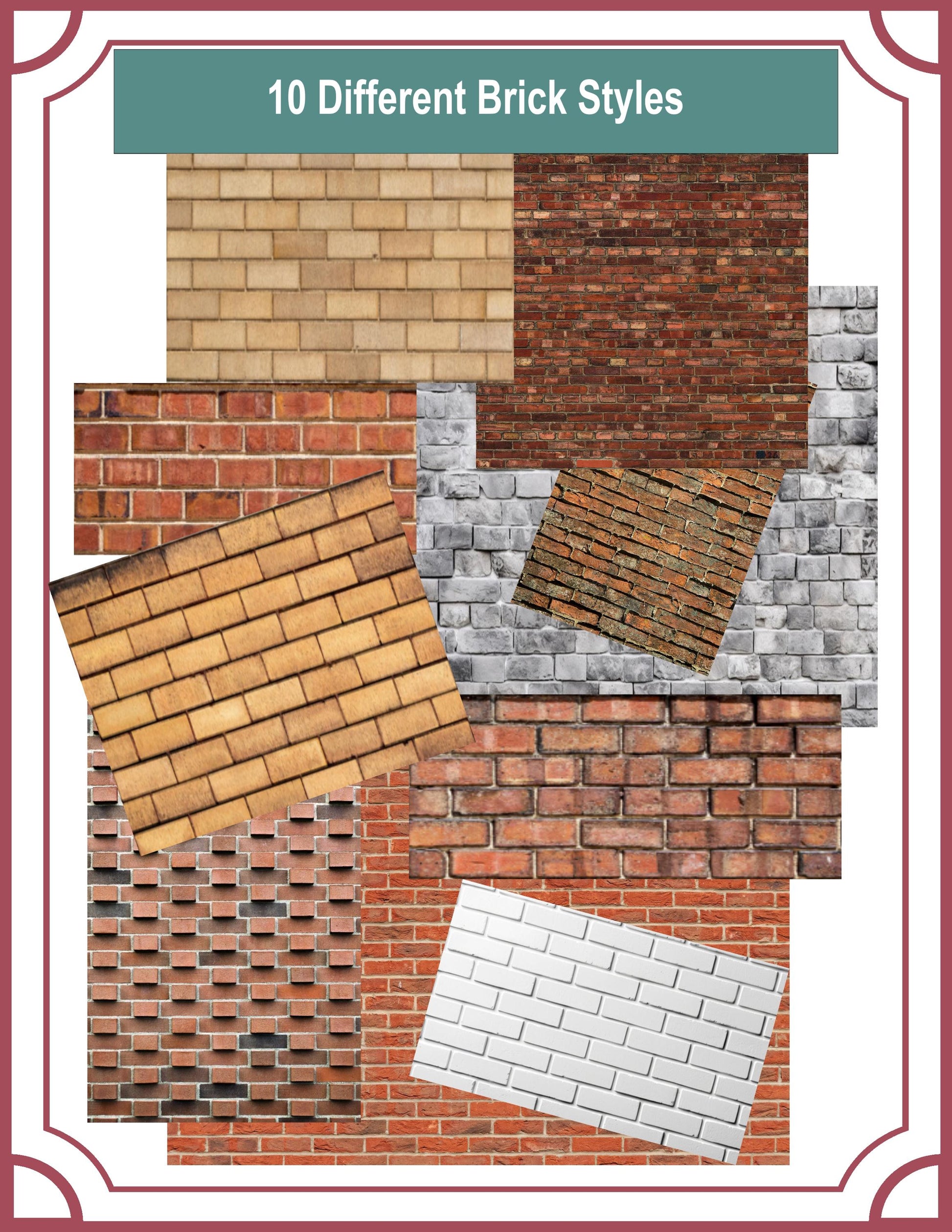 1:24 Scale Vinyl Peel-and Stick Brick Patterns - 10 Different Patterns - 8.5 x 11 Patterns