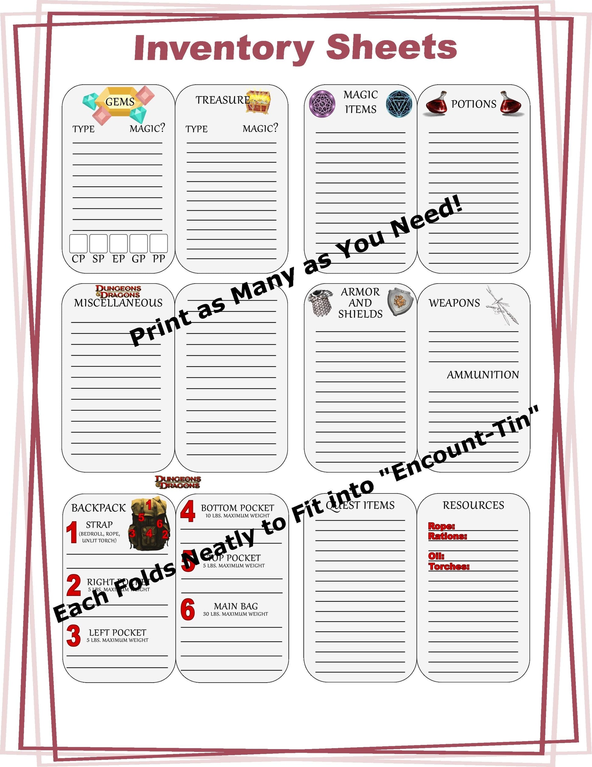 Dungeons and Dragons Character Inventory Sheets-Designed to Fit in our "Encount-Tin" Altoids-Style Case-“Pack the adventure in your pocket.”