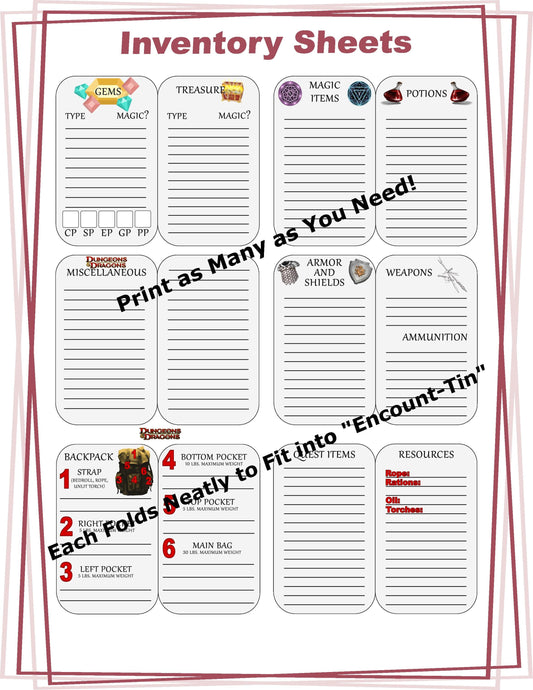 Dungeons and Dragons Character Inventory Sheets-Designed to Fit in our "Encount-Tin" Altoids-Style Case-“Pack the adventure in your pocket.”