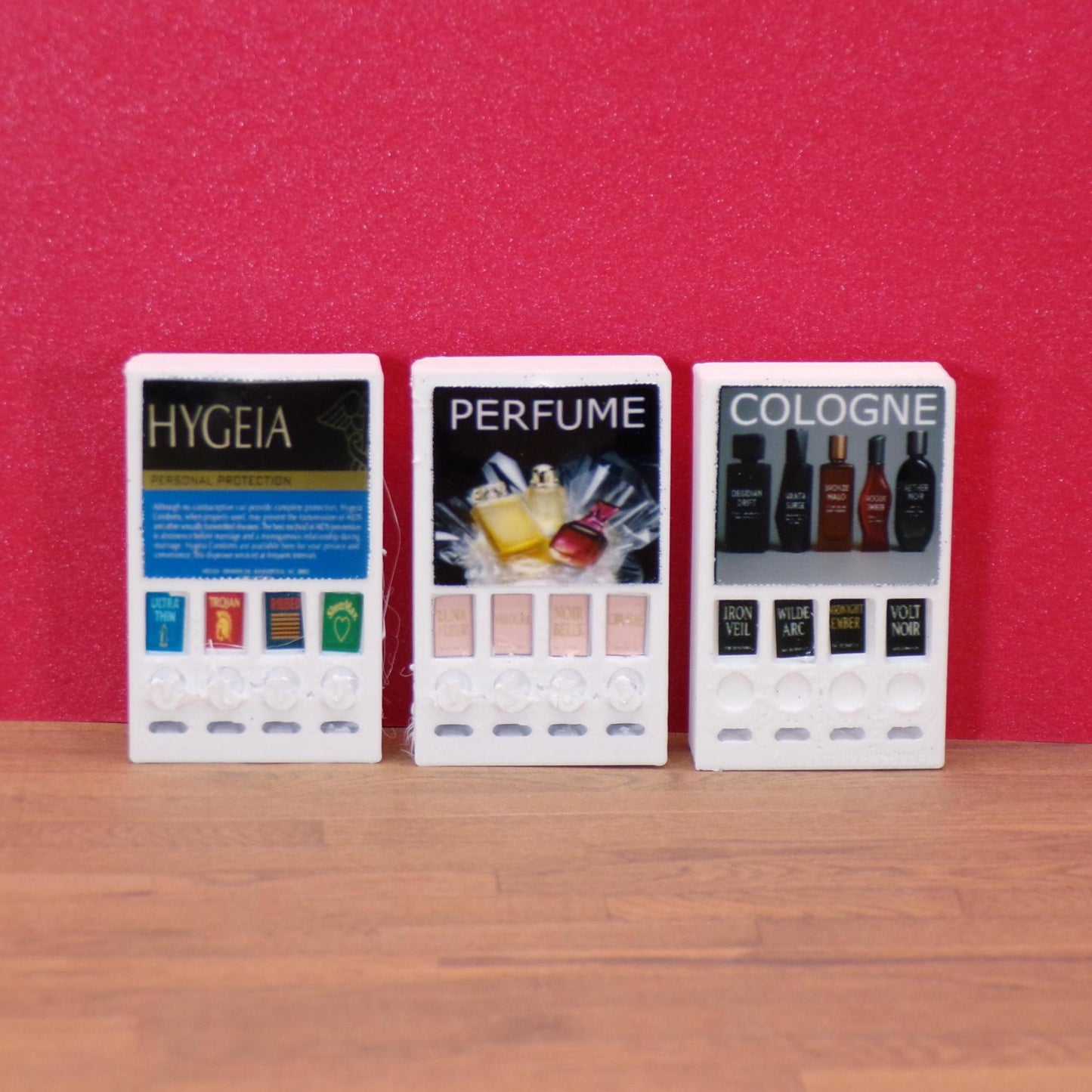 1:24 Scale Bathroom Vending Machines – Medicine, Feminine Products & Cologne Dispensers