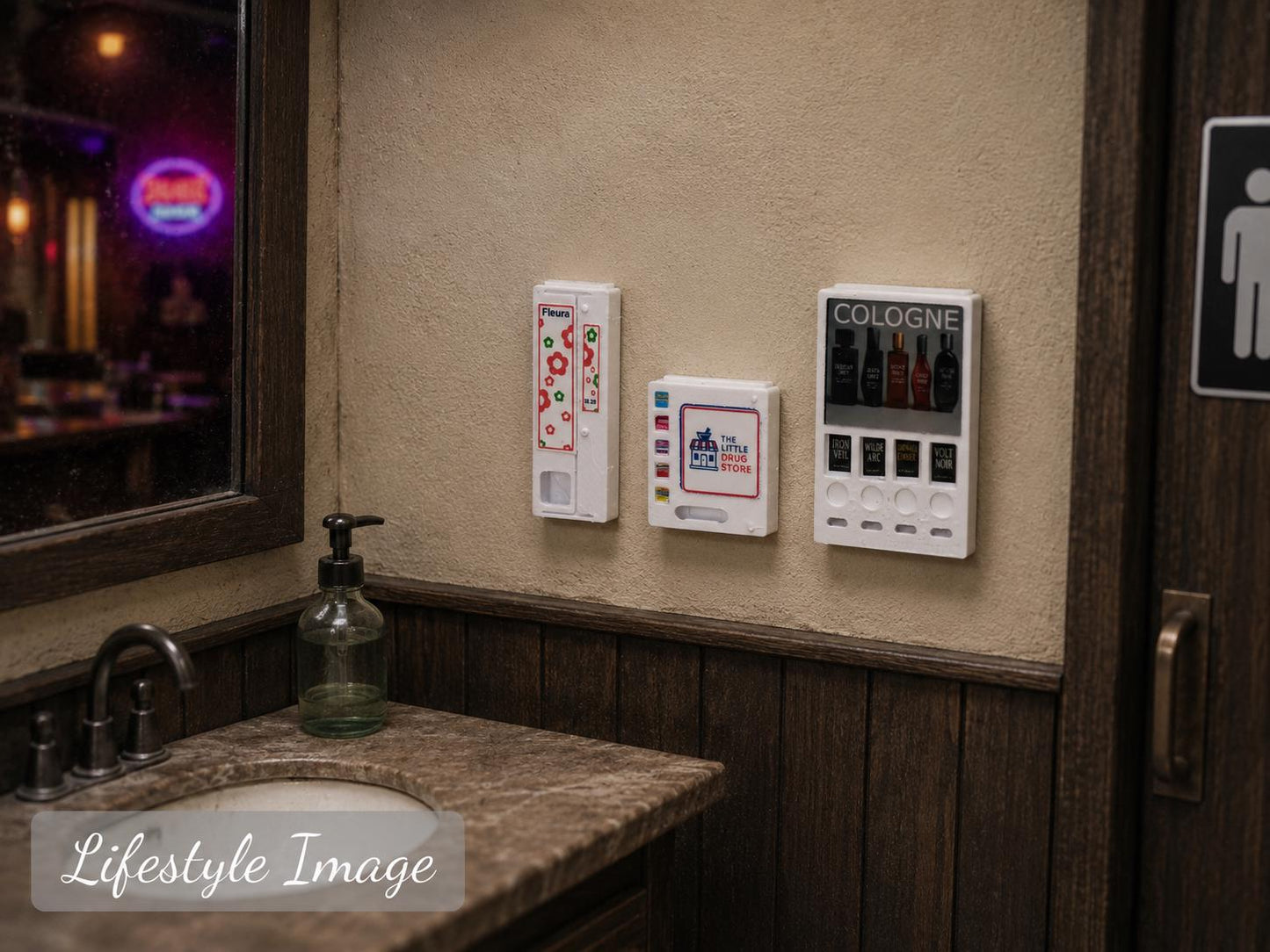 1:24 Scale Bathroom Vending Machines – Medicine, Feminine Products & Cologne Dispensers