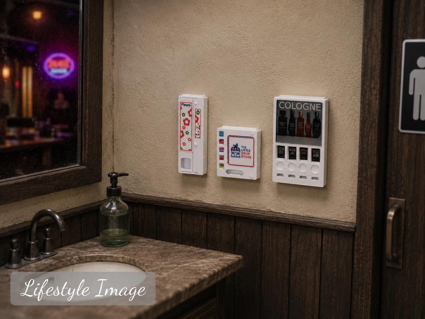 1:24 Scale Bathroom Vending Machines – Medicine, Feminine Products & Cologne Dispensers