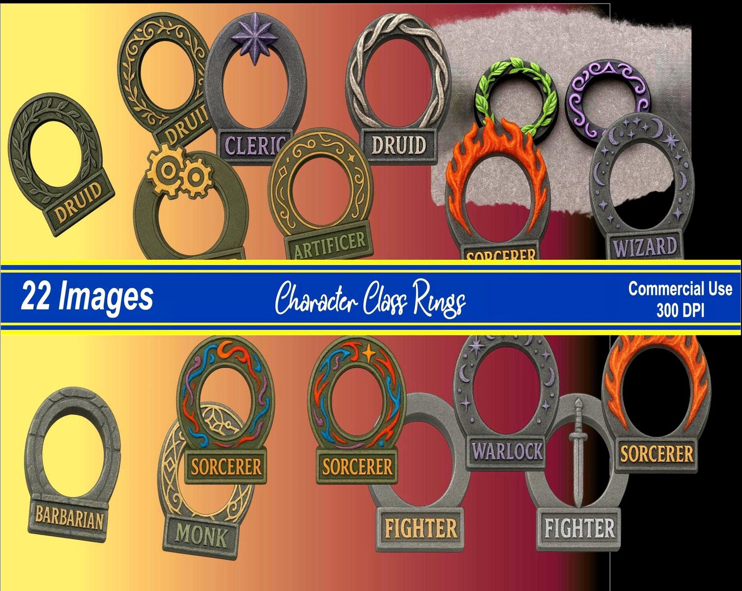 RPG Character Class Rings – 22 PNG Files – 300 DPI – Personal and Commercial Use - MstrcrftMinis - 1265