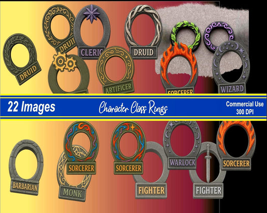 RPG Character Class Rings – 22 PNG Files – 300 DPI – Personal and Commercial Use - MstrcrftMinis - 1265