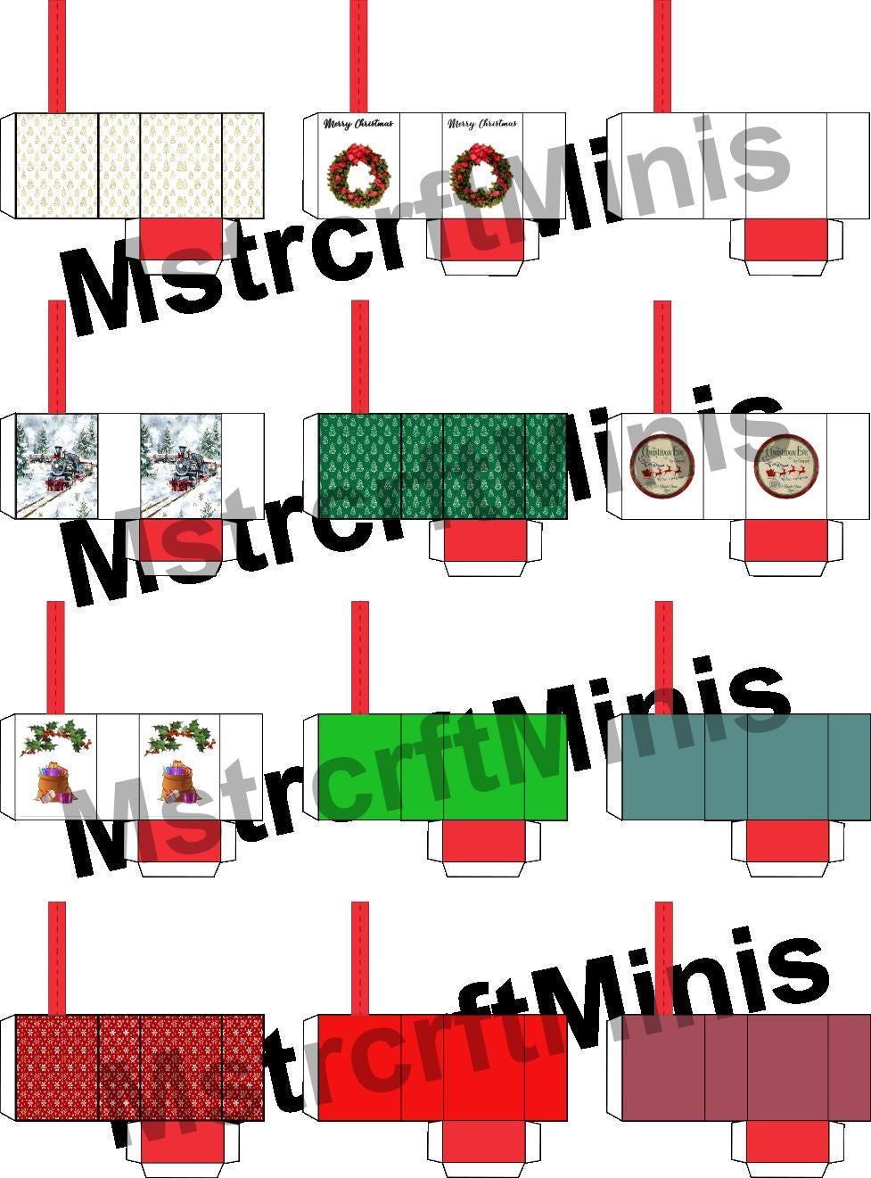 Set of 12 Christmas Gift Bags – 1:24 Scale Miniature Holiday Bags for Dollhouse & Diorama - MstrcrftMinis - 1059