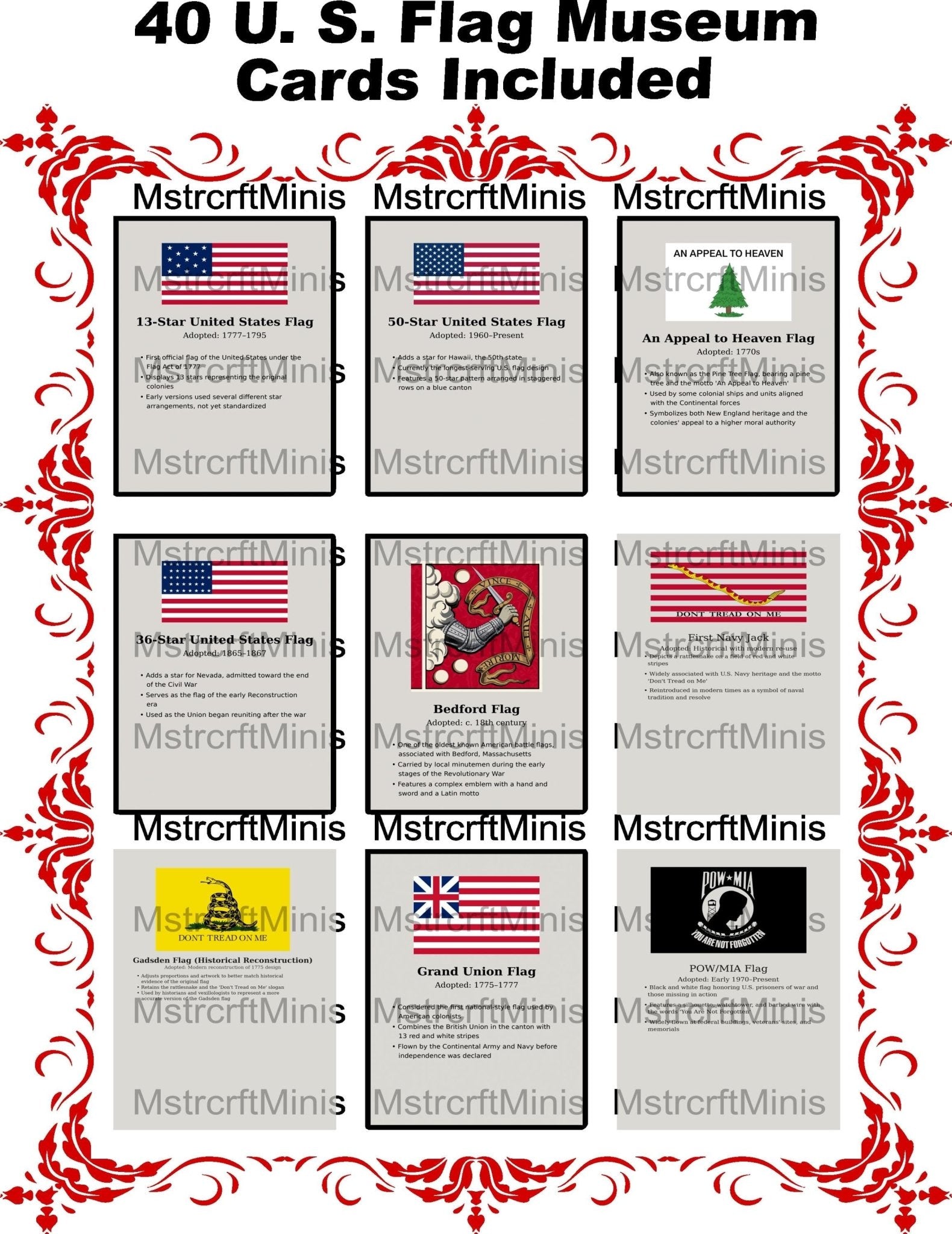 United States Flag Museum Cards – 4x5 Educational Set (40 Cards) - MstrcrftMinis - 1324
