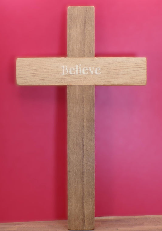 Wooden Wall Crosses - Joy, Hope, Believe, Love - With Accompanying Reference Bible Verses - MstrcrftMinis - Cross - Believe
